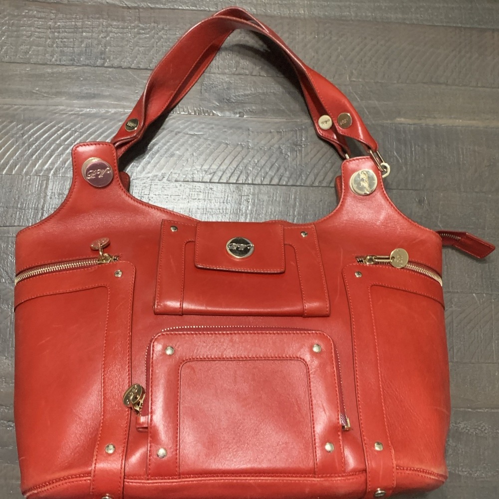 Roger Vivier Red Leather Double Strap Zip Pockets Shoulder Bag Purse
